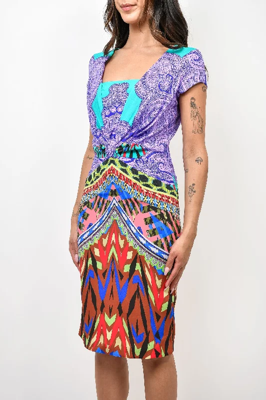 Shimmering maxi dress-Etro Teal/Purple Printed Cap Sleeve Midi Dress Size 42