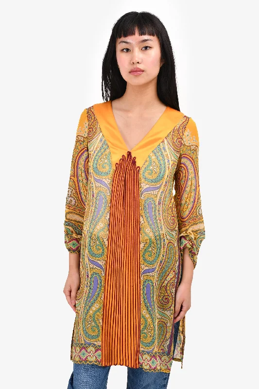 Exposed-shoulder prom dress-Etro Yellow Sheer Patterned Silk V-Neck Tunic Dress Size 38