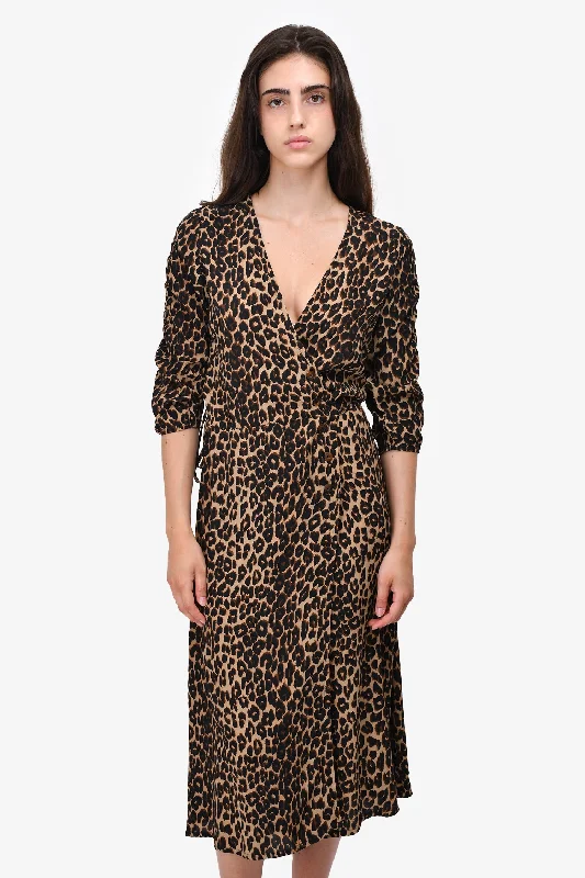 Strappy cocktail dress-Faithful The Brand Leopard Print Ruched Sleeve Wrap Dress Size S