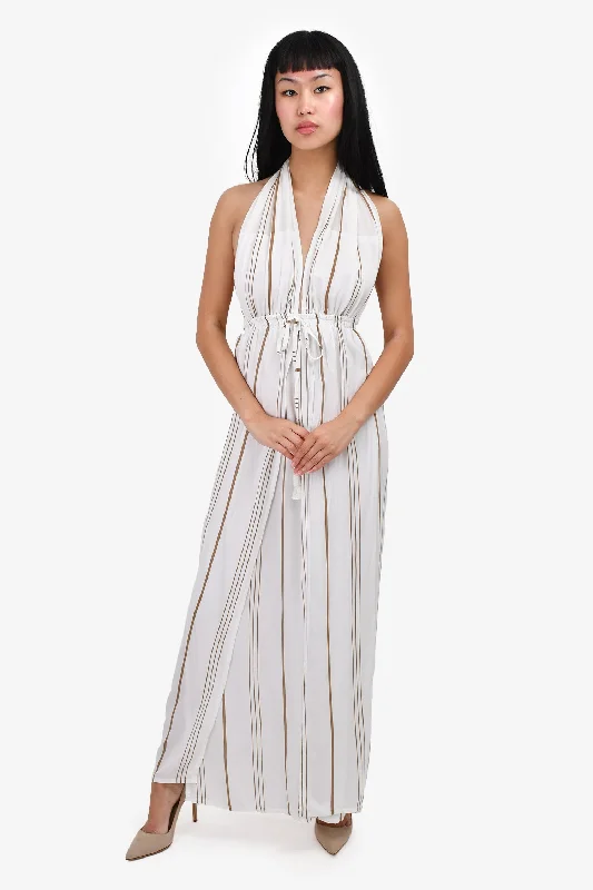 Cinched-waist empire dress-Faithfull The Brand White/Tan Pinstripe Halter-Neck Beach Cover-Up Size M