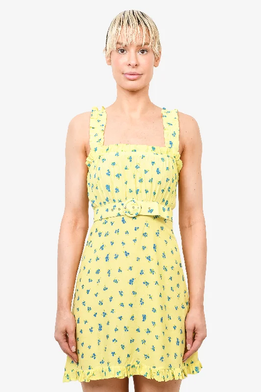 Bubble maternity dress-Faithfull The Brand Yellow/Blue Floral Ruffle Strap Mini Dress with Belt Size S