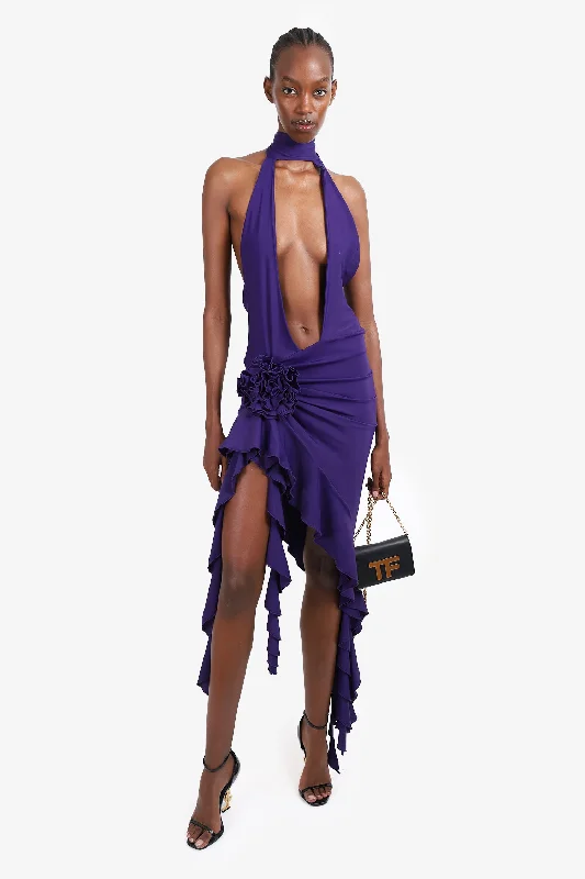 Draped evening dress-Fanci Club Purple Ruffle Halter Neck Dress Size XS