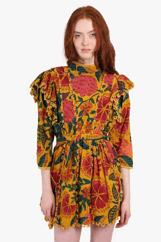 Textured casual dress-Farm Rio Multicolor Floral Print Belted Mini Dress Size S