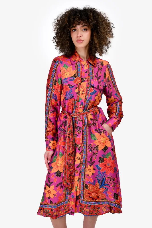 Cloudy boho dress-Farm Rio Purple/Orange Floral Tropical Printed Shirt Dress with Belt Size XS