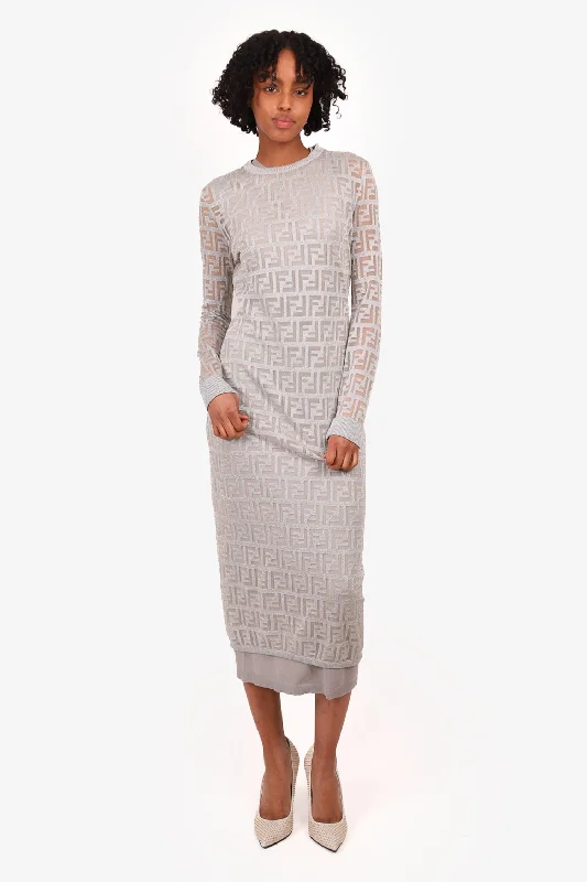 Waffle picnic dress-Fendi Silver Metallic FF Zucca Knit Midi Dress Size 42