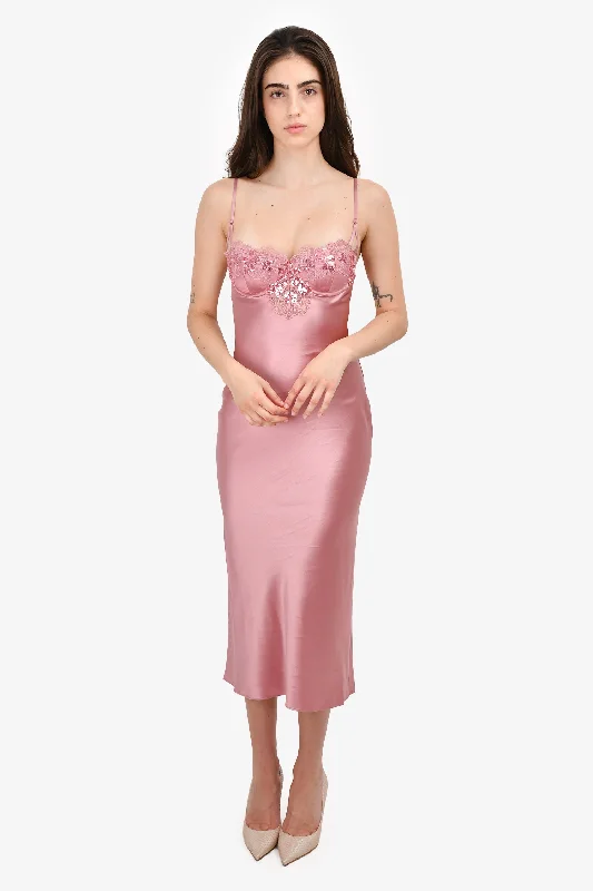 Studded prom dress-Fleur du Mal Rose Gold Satin Floral Bustier Midi Dress Size XS