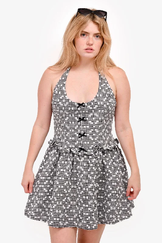 Gusty floral dress-For Love & Lemons Black/White Floral Gingham Halter Mini Dress Size M