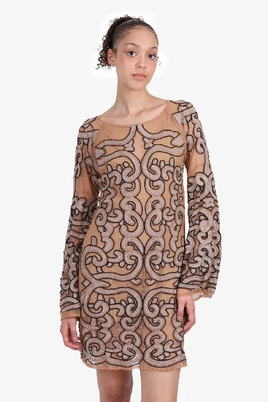 Frilled embroidered dress-For Love & Lemons Tan/Black Mesh Bell Sleeves Dress Size M