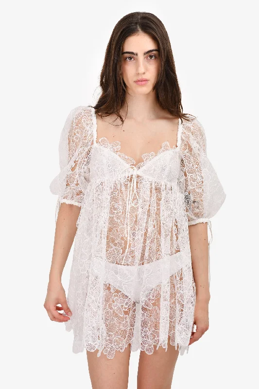 Mottled fringe dress-For Love & Lemons White Lace Puff Sleeve Mini Dress Size XS