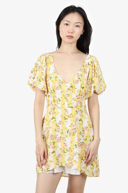 Emblem-collared dress-For Love & Lemons Yellow/White Floral Print Mini Dress Size M