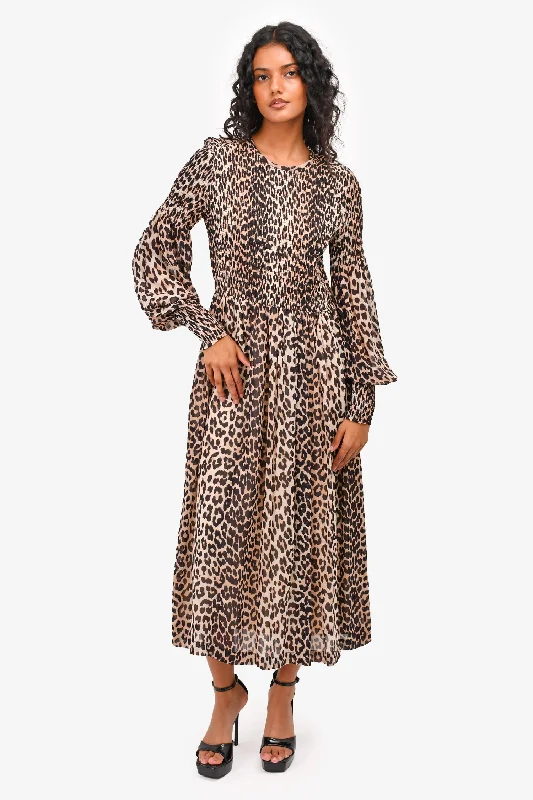 Honey party dress-Ganni Beige/Black Leopard Print Ruched Long Sleeve Dress Size 38