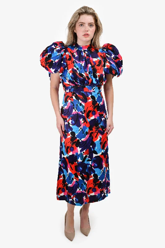 Airy wrap dress-Ganni Blue/Red Floral Patterned Puff Sleeve Dress Size 6