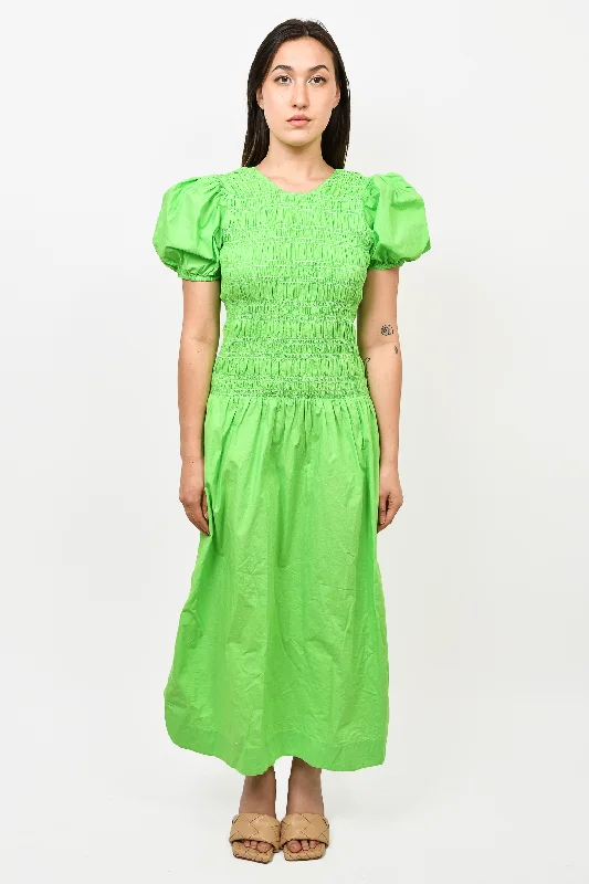 Loose flowing dress-Ganni Green Cotton Ruched Maxi Dress Size 40