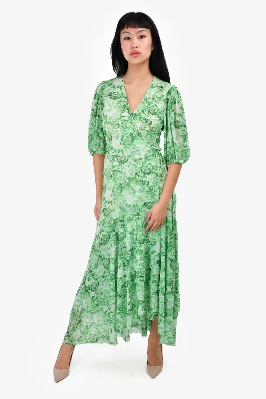 Core curved dress-Ganni Green/White Rose Printed Puff Sleeve Wrap Dress Size 36