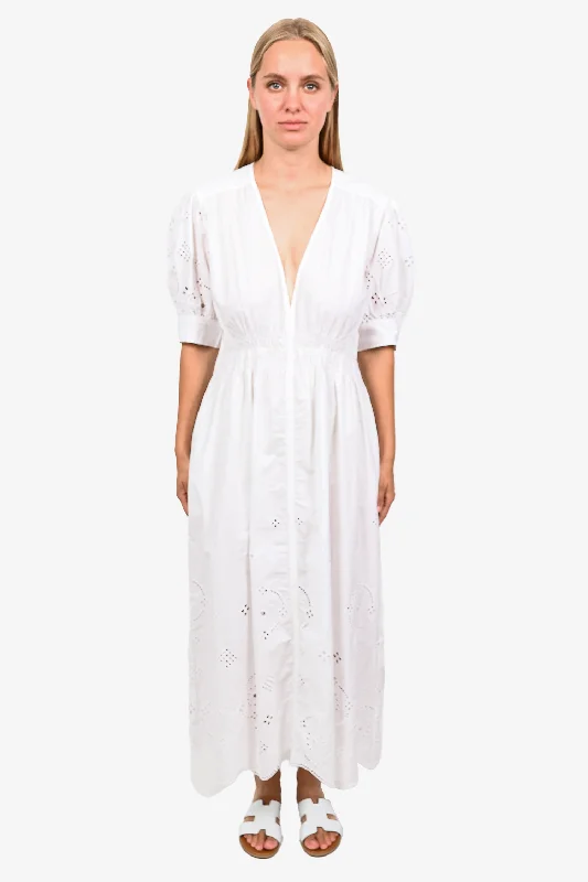 Luxe velvet dress-Ganni White Cotton Eyelet Puff Sleeve Maxi Dress sz 40