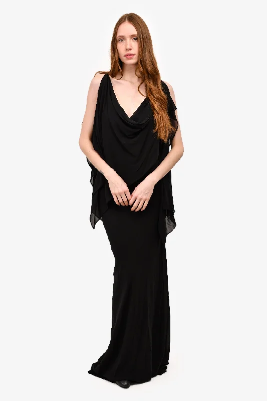 Bare sheer dress-Gareth Pugh Black Silk Cowl Neck Flowy Sheer Gown Size 6 US