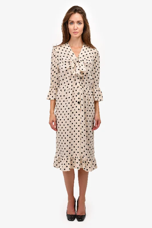 Fine muslin dress-Givenchy 80s Cream Silk Polka Dot Midi Dress Est. Size S