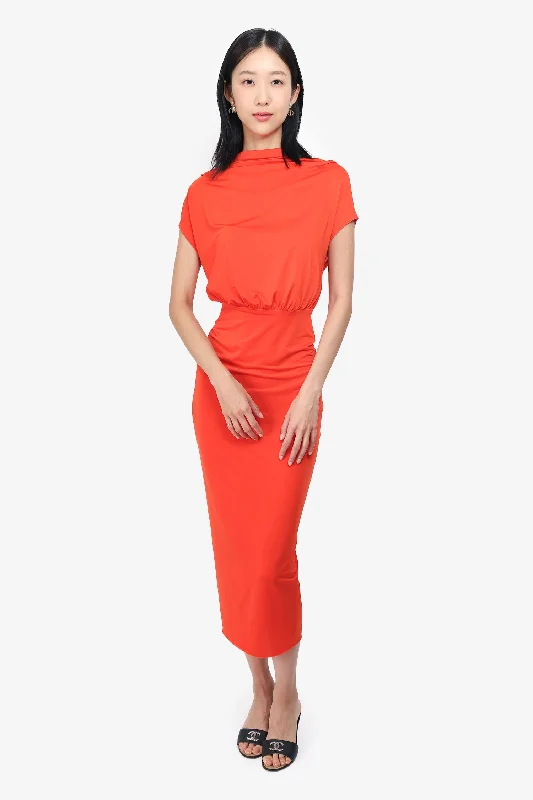 Simple drawstring dress-Greta Constantine Orange Ruched Jersey Dress Size Small