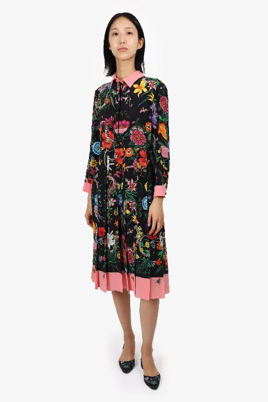 Gucci Black/Multicolour Silk Floral Print Pleated Dress Size 44