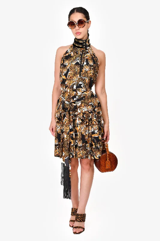 Path organic dress-Gucci Black/Multicolour Silk Tiger Printed Dress with Fringe Belt Size 40 (As Is)