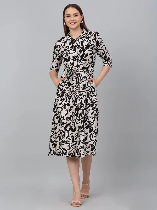 Hushed whisper dress-Women's Black Printed Spread Collar Casual Dress