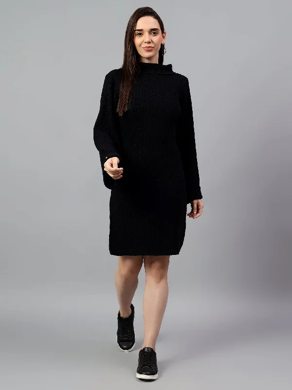 Bright oasis dress-Women's Black Solid Above Knee Winter Casual Dress