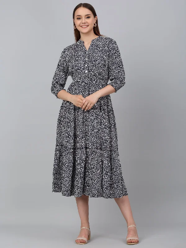 Tight work dress-Women's Blue Printed Mandarin Collar Casual Dress