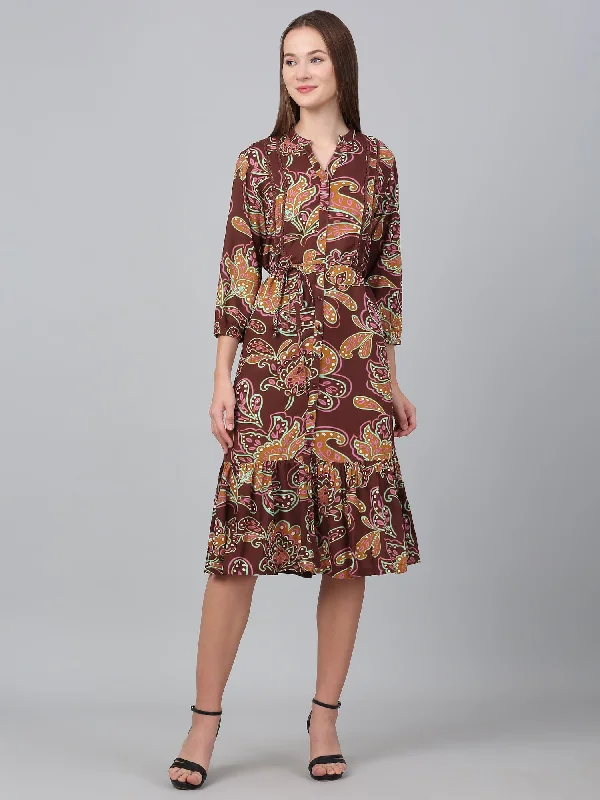 Faint ikat dress-Women's Brown Paisley Print Casual Dress