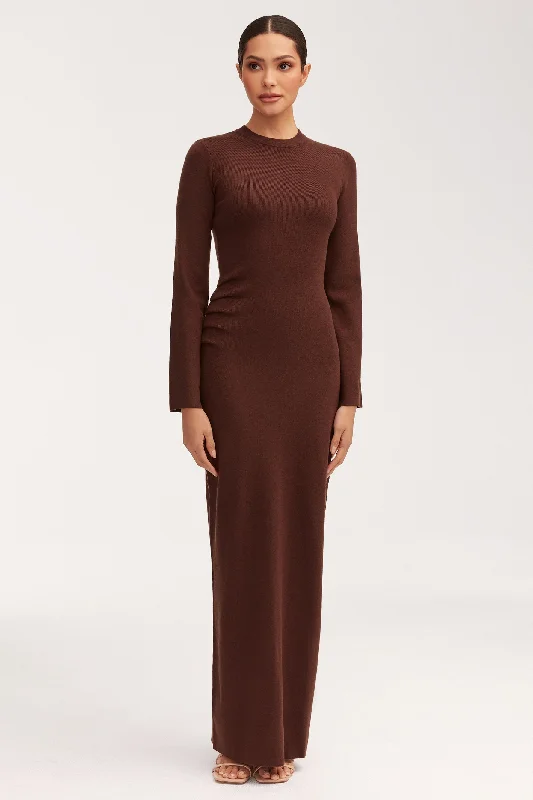 Custom threaded dress-Abigail Rouched Knit Maxi Dress - Dark Brown