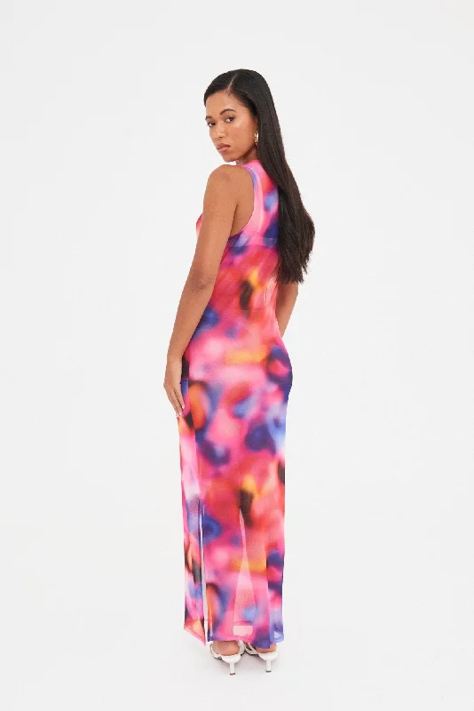 Tiered festival dress-ABSTRACT SHEER MESH MAXI DRESS