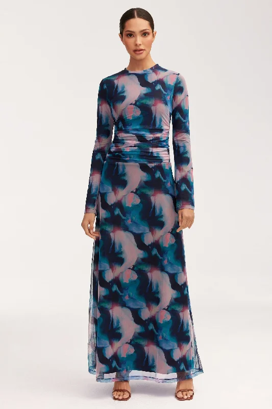 Shine holographic dress-Adelina Rouched Maxi Dress - Blue Tie Dye