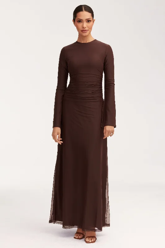 Luxe velvet dress-Adelina Rouched Maxi Dress - Chocolate Plum