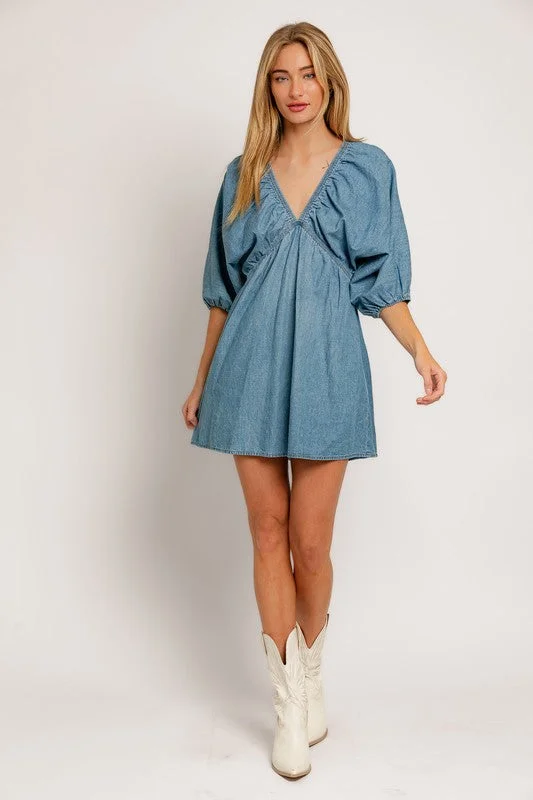 Voluminous midi dress-Adorable In Denim Balloon Sleeve Mini Dress - Final Sale