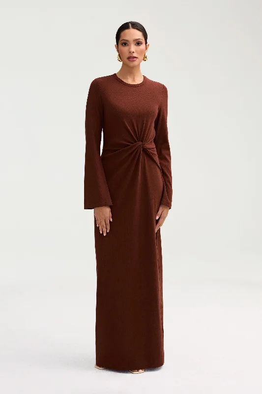 Threaded lace dress-Aissia Ribbed Twist Front Maxi Dress - Chocolate