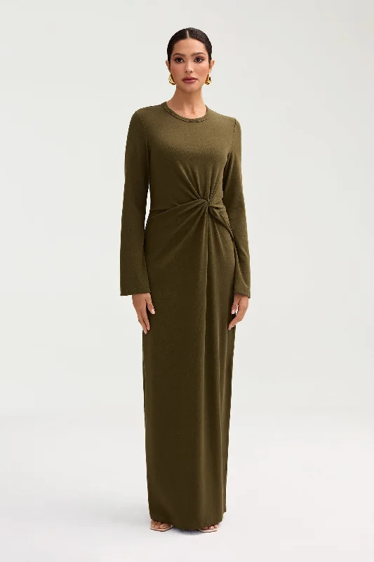 Sack smocked dress-Aissia Ribbed Twist Front Maxi Dress - Olive Night