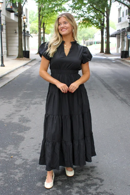 Fan-pleat work dress-Autumn Stroll Tiered Maxi Dress in Black