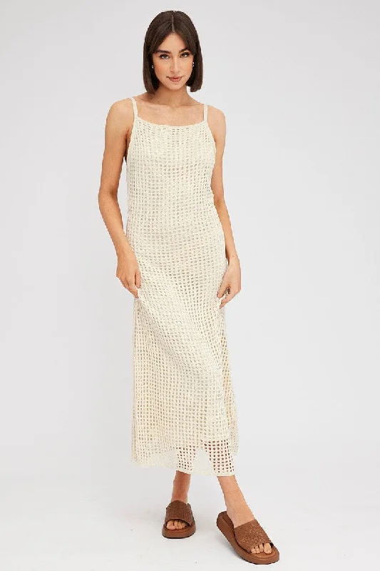 Diamond school dress-Beige Knit Dress Sleeveless Maxi Crochet