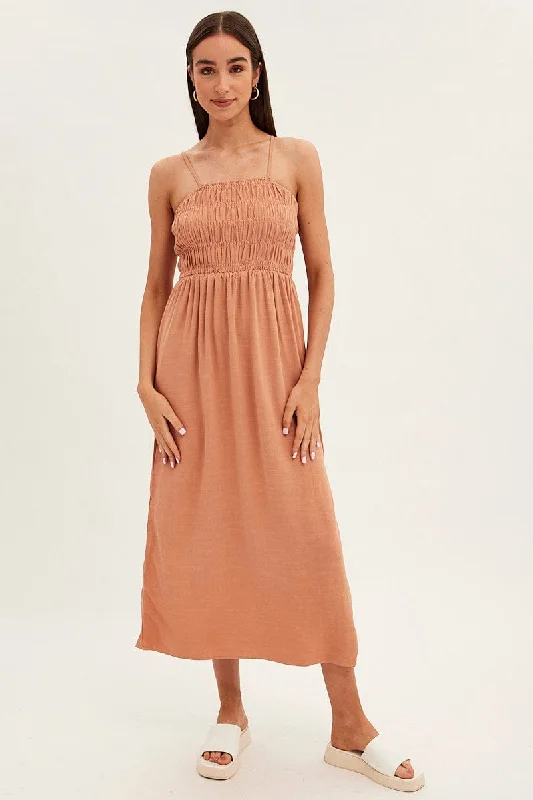 Homespun formal dress-Beige Maxi Dress With Straps Shirring Linen Blend