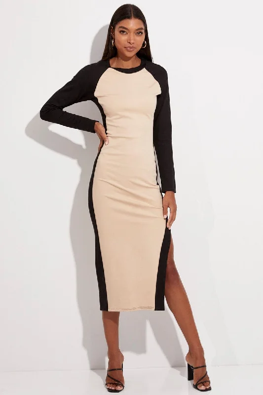 Quirky trendy dress-Beige Midi Dress Long Sleeve Round Neck Raglan Two-tone