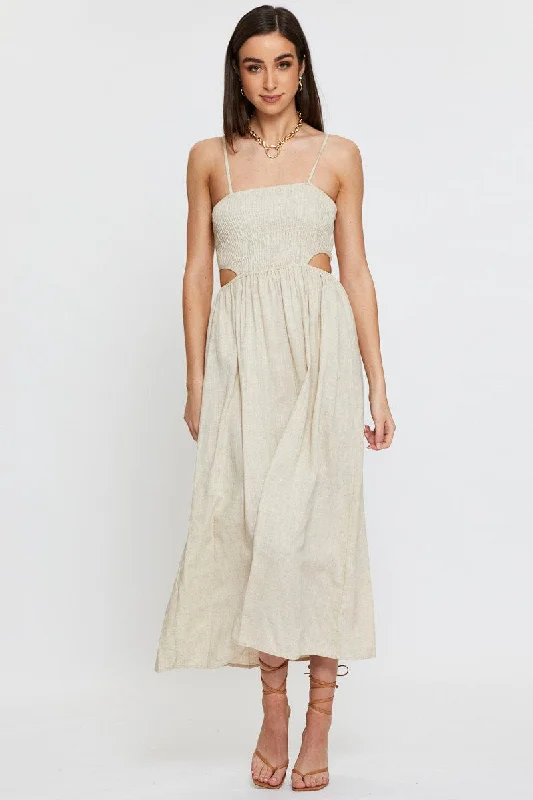 Small gathered dress-Beige Midi Dress Sleeveless