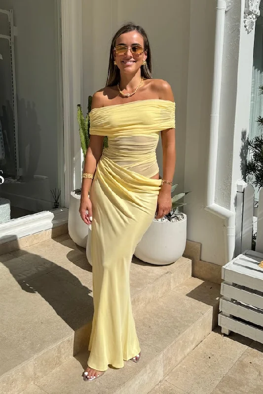 Elite cocktail dress-Nico Off Shoulder Maxi Dress Butter