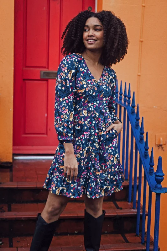 Adorable bubble dress-Bibi Mini Tea Dress - Navy, Midnight Woodland