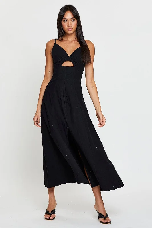 Poplin cocktail dress-Black A Line Dress Sleeveless Midi