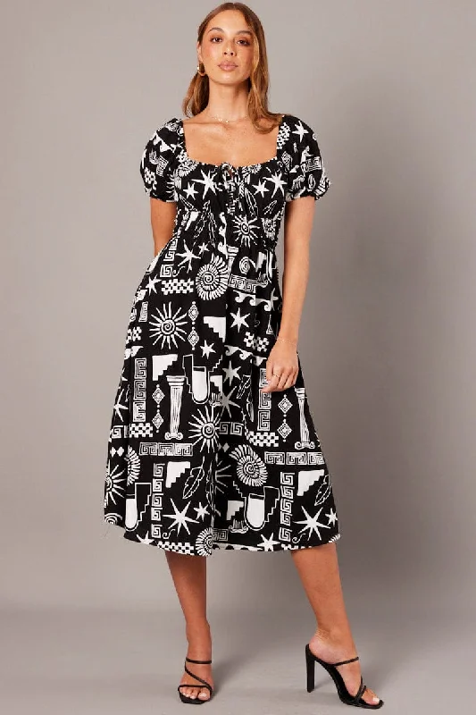 Loose bleach dress-Black Abstract Midi Dress Short Sleeve Ruched Bust