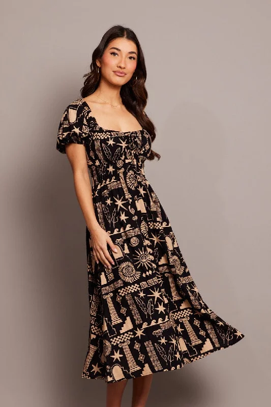 Velvet ball gown dress-Black Abstract Midi Dress Short Sleeve Ruched Bust