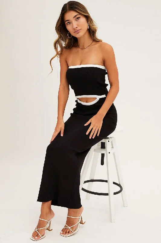 Wine rich dress-Black Cut Out Knit Midi Dress