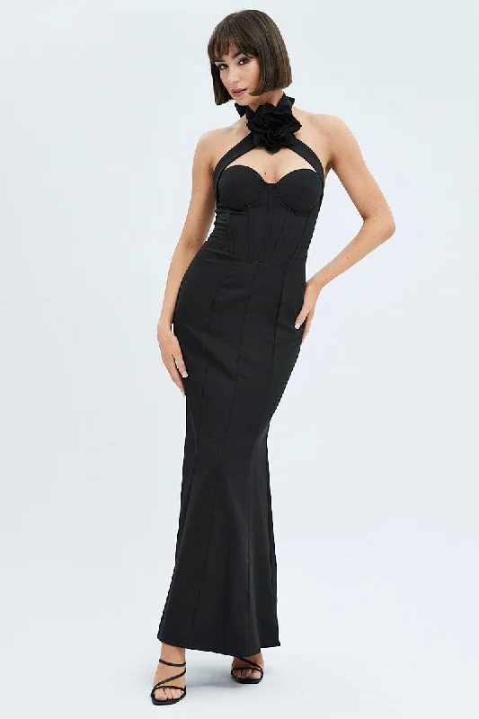 Scoop-neck dress-Black Detachable Rosette Brooch Statement Maxi Dress