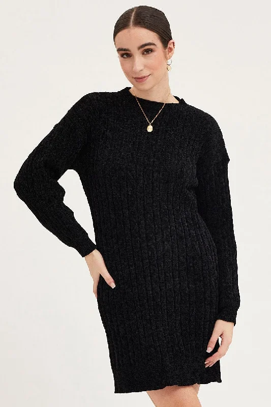 Strappy cocktail dress-Black Dress Long Sleeve Mini Knit