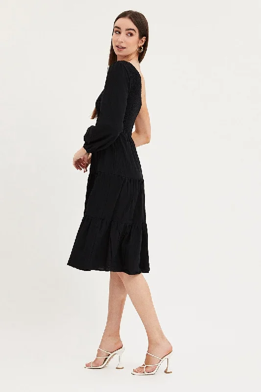 Petaled patch dress-Black Dress One Shoulder Midi