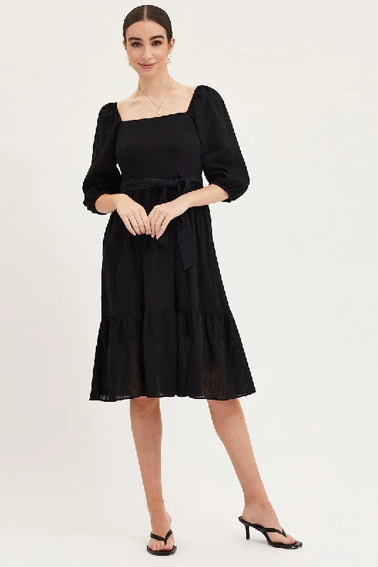 Dappled sundress-Black Dress Puff Sleeve Maxi